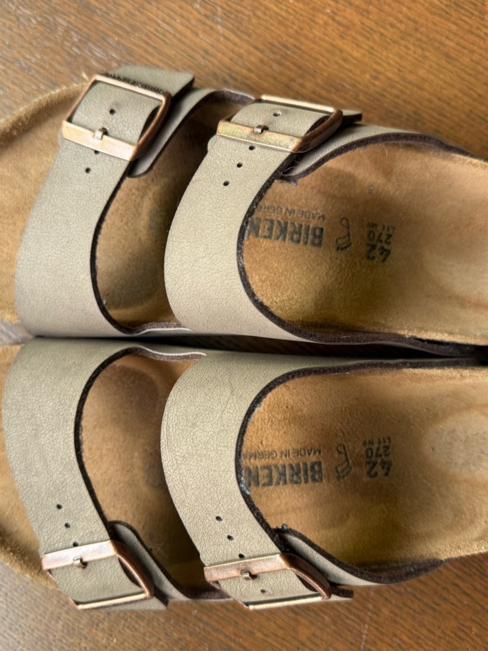 Birkenstock Two-Strap Sandals in Olive / khaki with Bronze Buckles 42